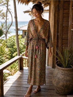 Rare Find Boho Resort Kaftan Paisley Maxi Dress with Tassel Tie